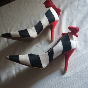 J.Renee Black and White Striped Heels with Red Accents